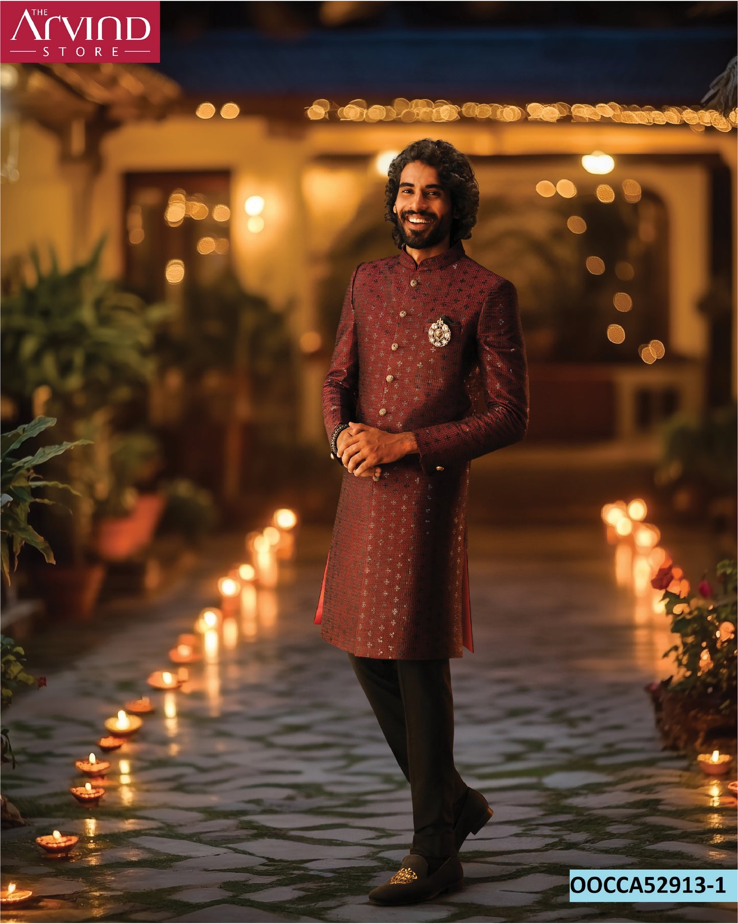 Rich Maroon Textured Sherwani with Brooch – Evening Royalty