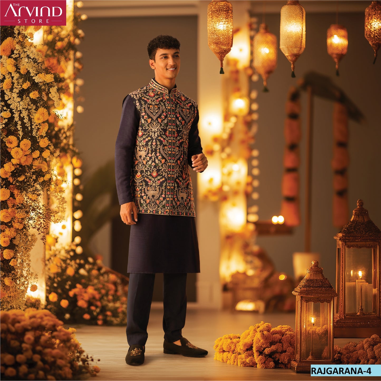 Navy Blue Sherwani with Embroidered Jacket – Rajgarana-4