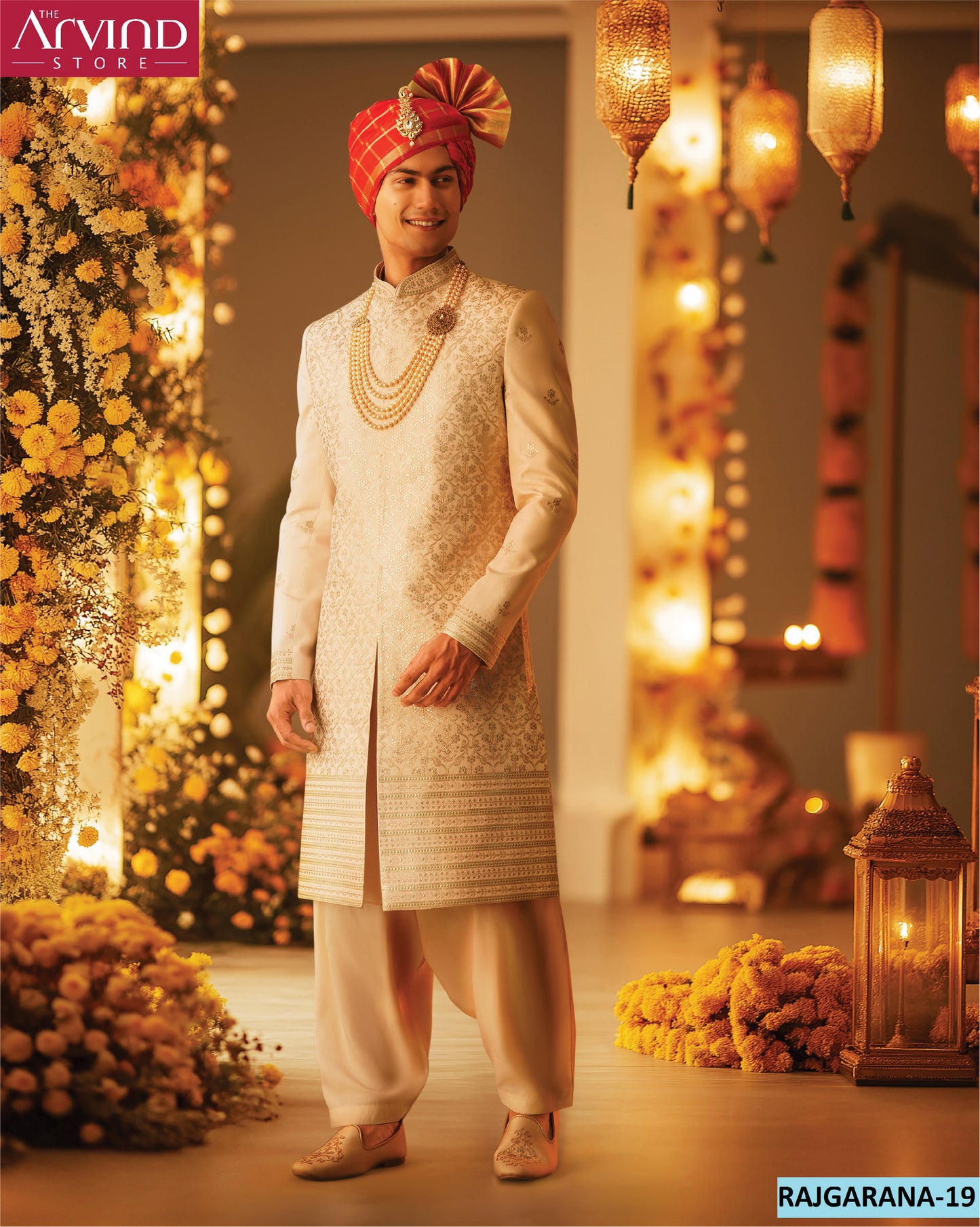 Ivory Sherwani with Embellished Turban – Rajgarana-19