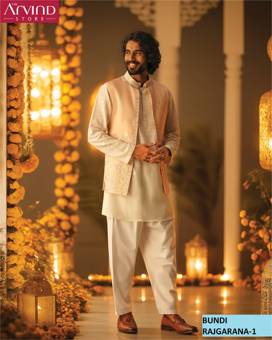 Elegant Peach Bundi Jacket with White Kurta Set – Rajgarana-1