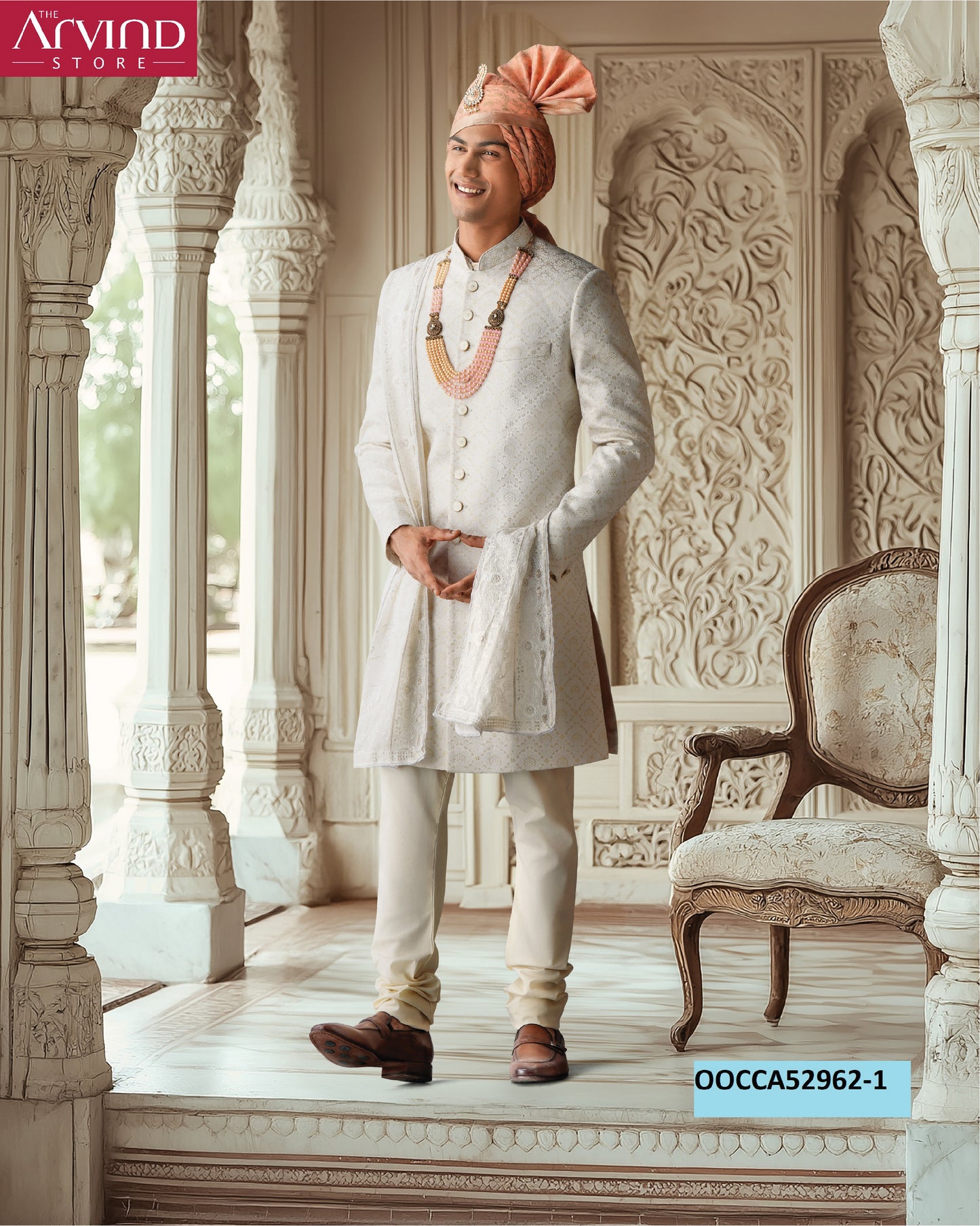 Ivory Embroidered Sherwani Set with Peach Turban – Royal Groom Look