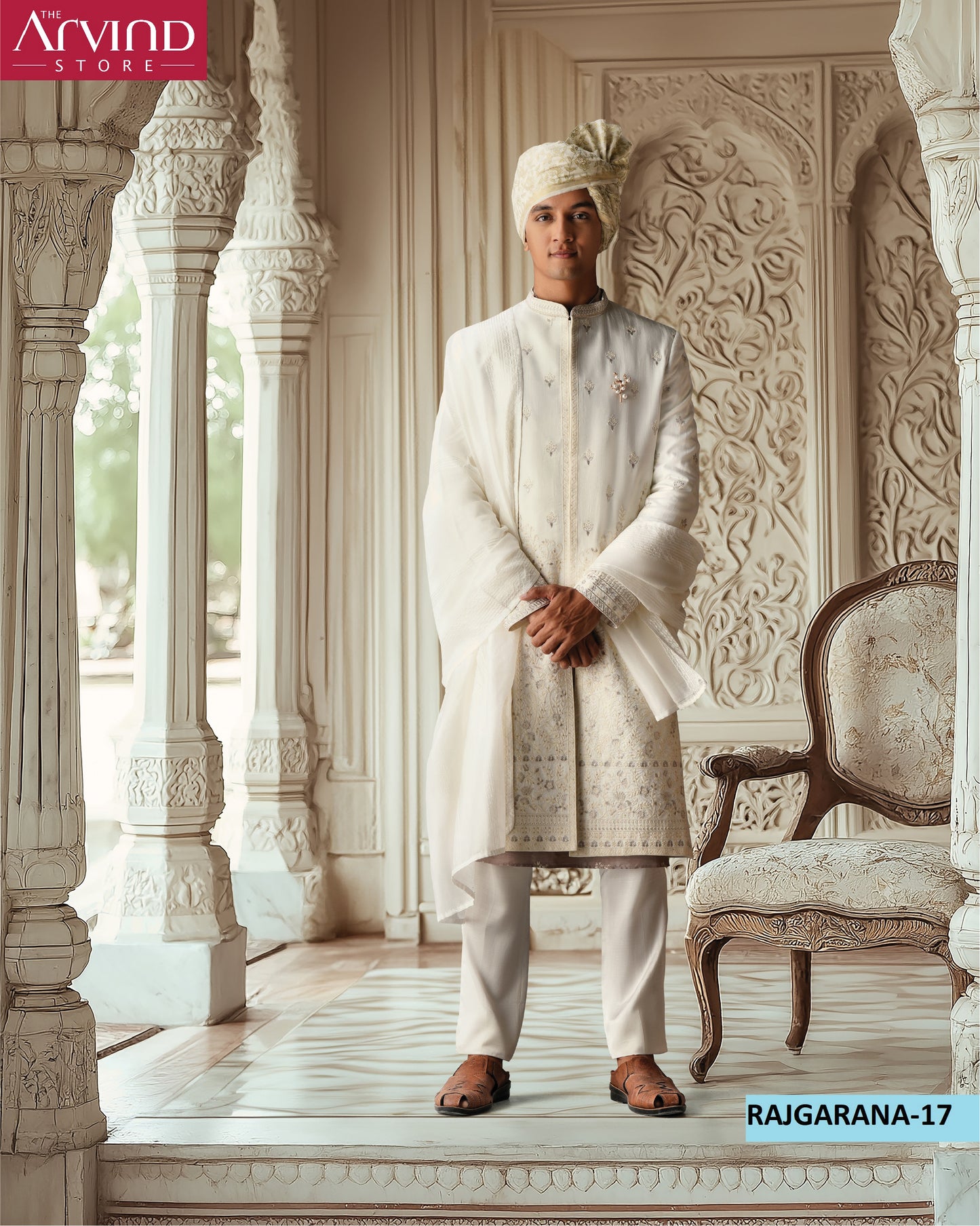 Ivory Sherwani with Embroidered Dupatta – Rajgarana-17