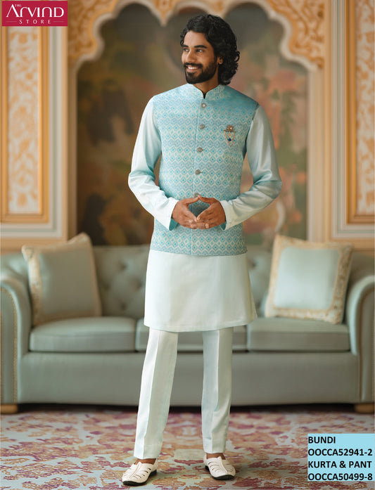 Sky Blue Kurta with Textured Bundi and Pants – Festive Classic