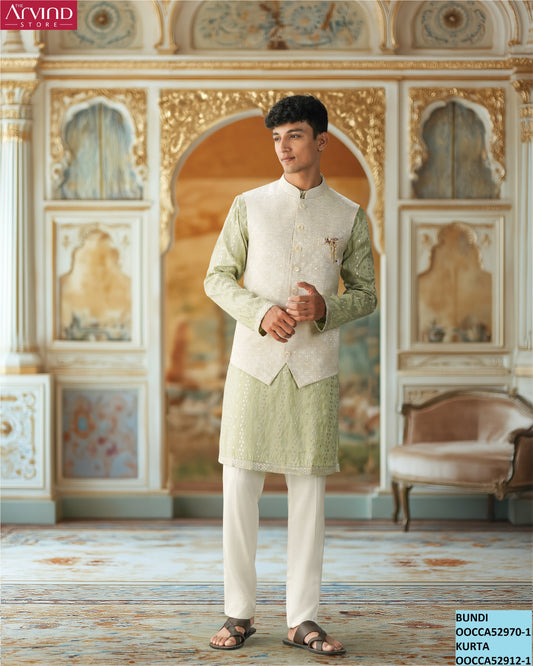 Mint Green Kurta with Ivory Bundi – Festive Elegance