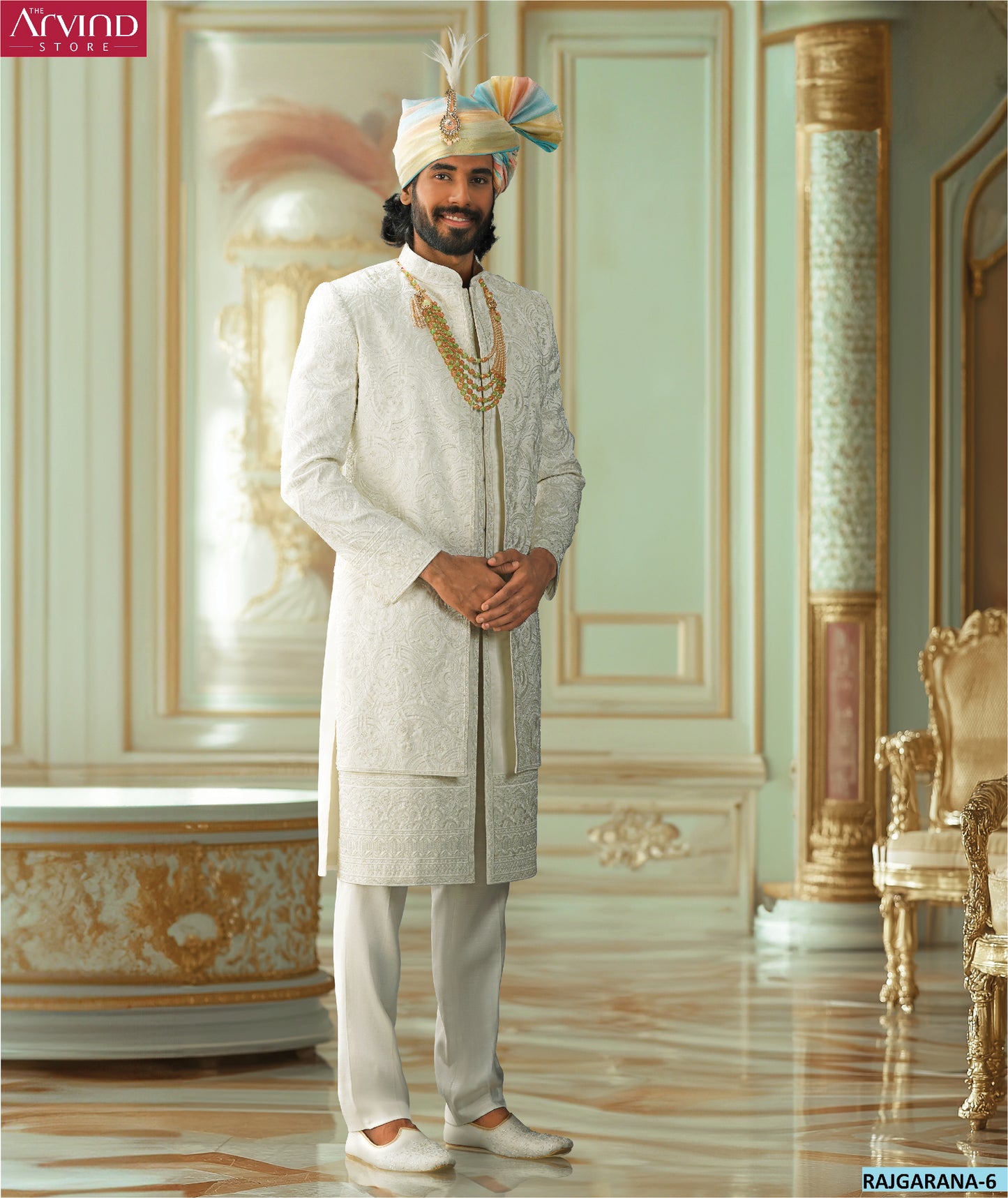 Ivory Embroidered Sherwani with Pastel Turban – Rajgarana-6