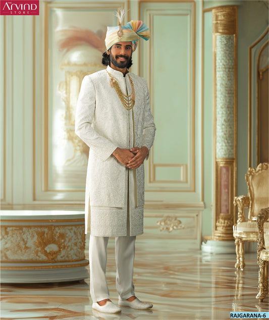 Ivory Embroidered Sherwani with Pastel Turban – Rajgarana-6