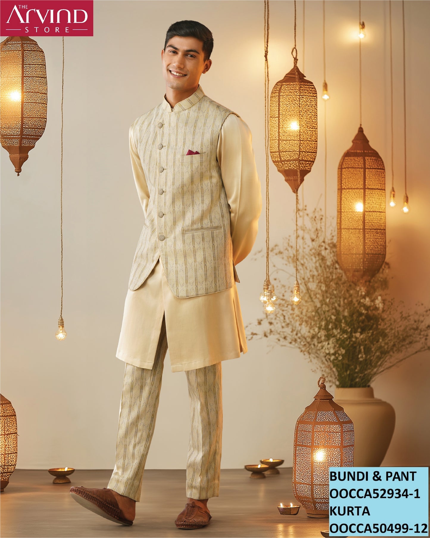 Cream Kurta with Striped Bundi and Pants – Classic Festive Wear