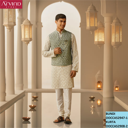 Ivory Kurta Set with Green Bundi – Elegant Festive Look