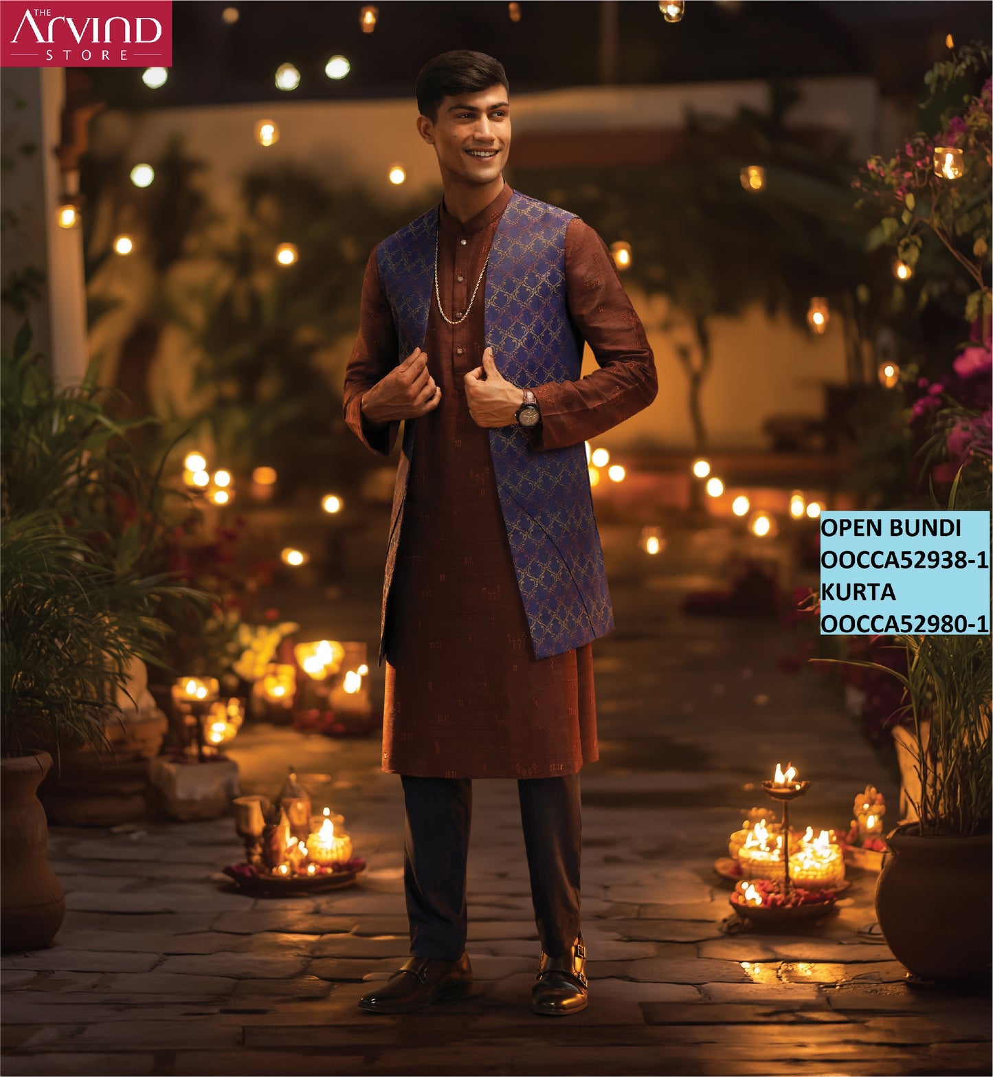 Rust Kurta with Blue Open Bundi – Festive Ethnic Style