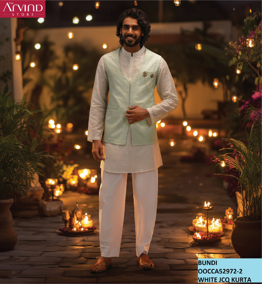 White Kurta Set with Mint Green Bundi – Subtle Elegance