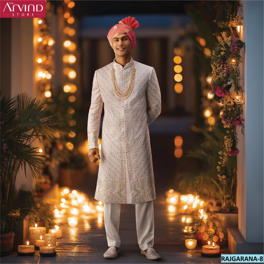 Ivory Sherwani with Pink Turban – Rajgarana-8