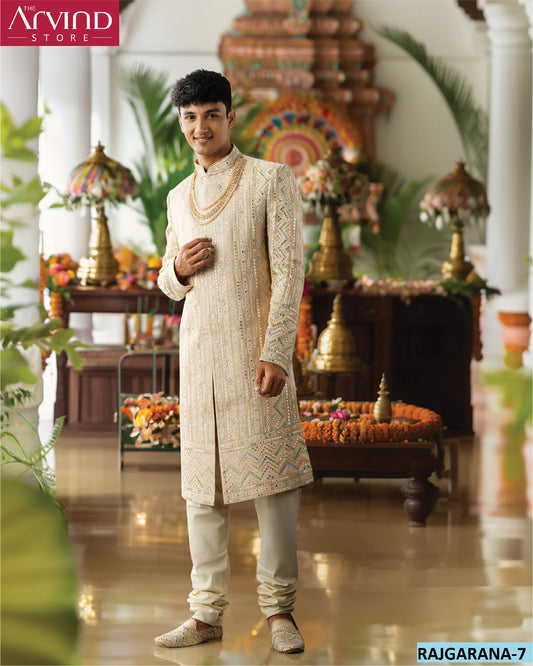 Intricately Embroidered Beige Sherwani – Rajgarana-7