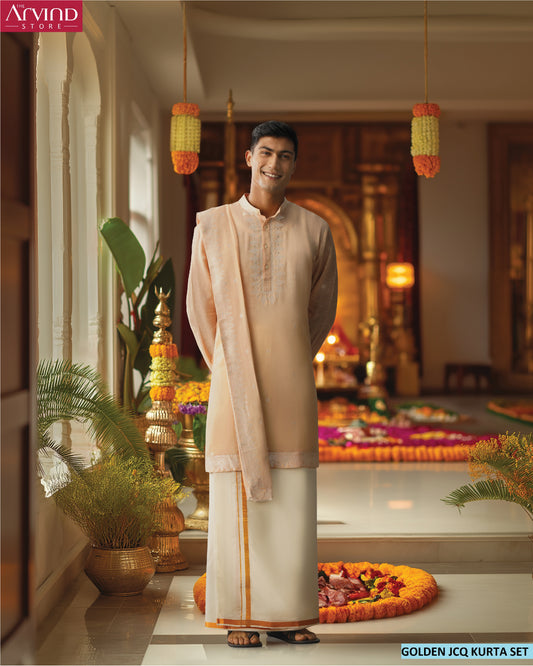 Golden Jacquard Kurta Set with Veshti – Traditional Festive Attire