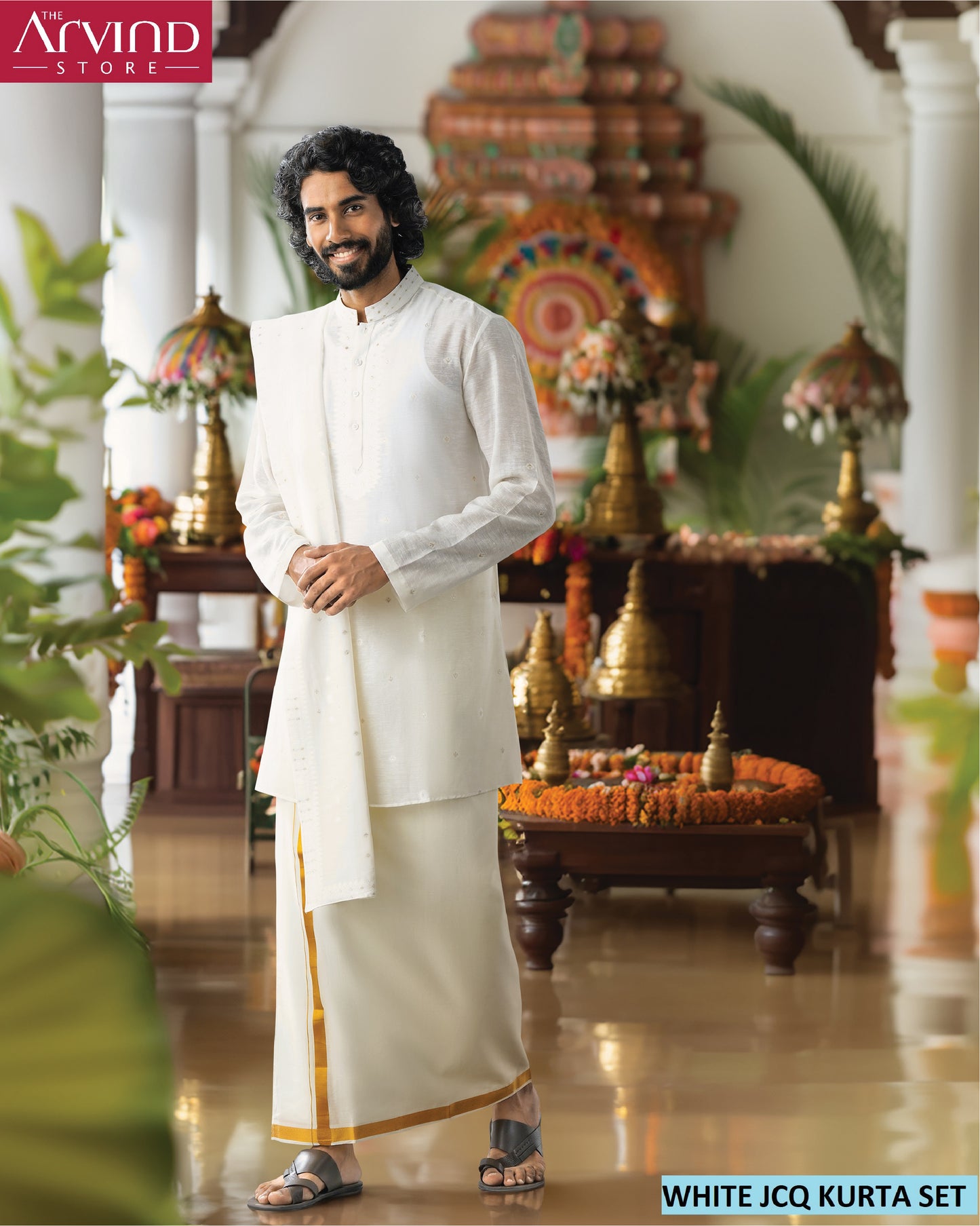 White Jacquard Kurta Set with Veshti – Classic Traditional Wear