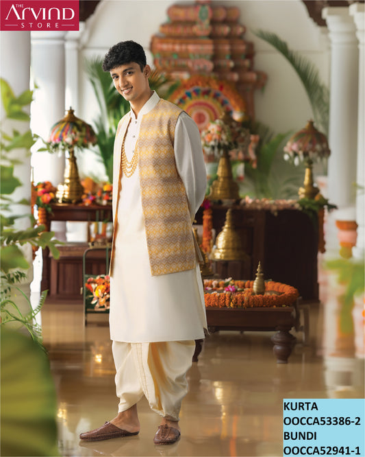 Golden Yellow Bundi with Ivory Kurta Set – Festive Look