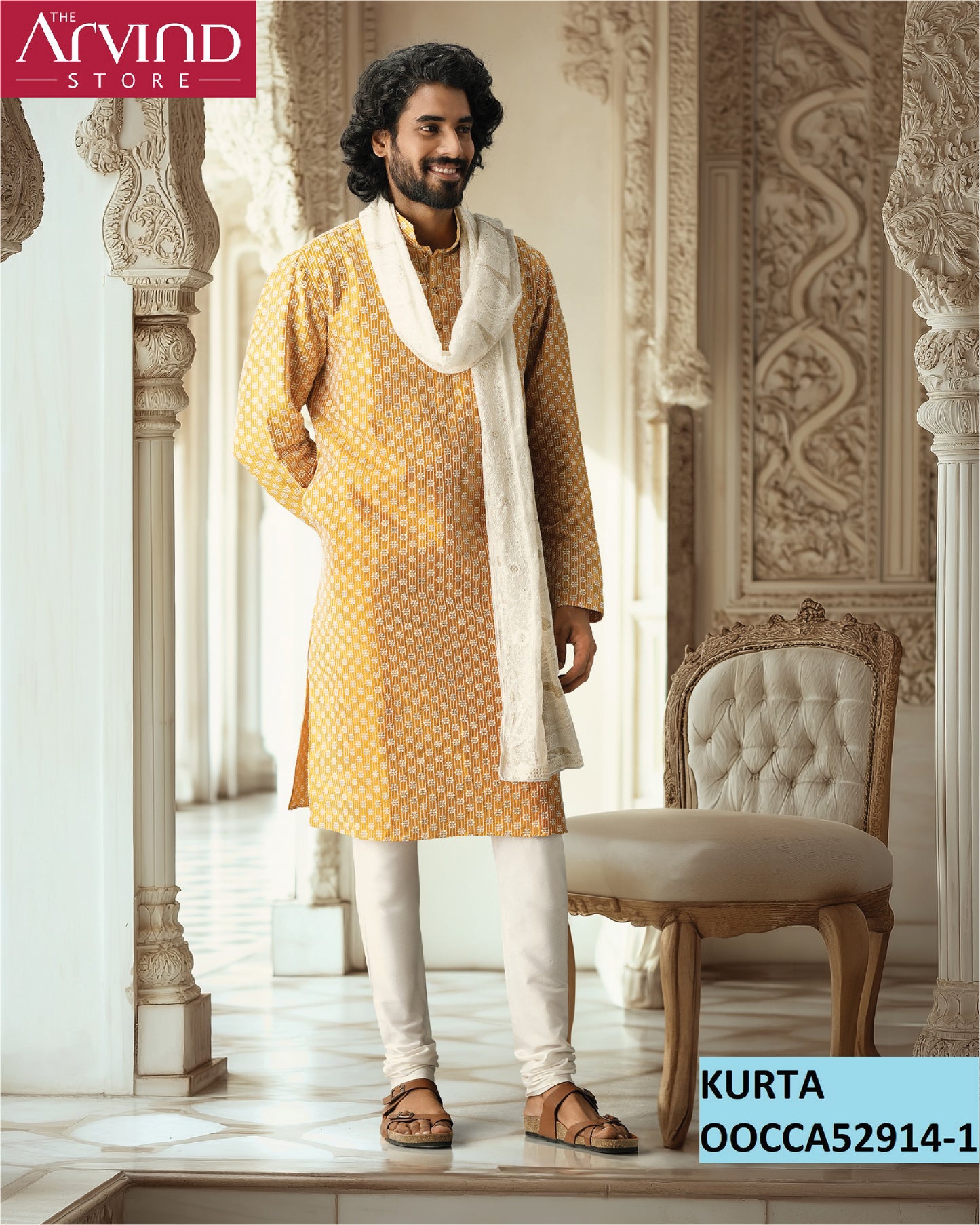 Yellow Printed Cotton Kurta Set with White Churidar – Traditional Elegance