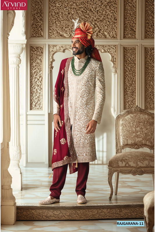 Rajgarana-11 Classic Embroidered Sherwani with Maroon Dupatta & Turban